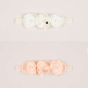 ICKEYOU Baby Girls Flower Crown Headband Lace Handmade Floral Headbands Soft Elastic Band Daisy Hairband Newborn Infant Toddler Kids for Christening Baptism Birthday Party (Pink, Three Flower)