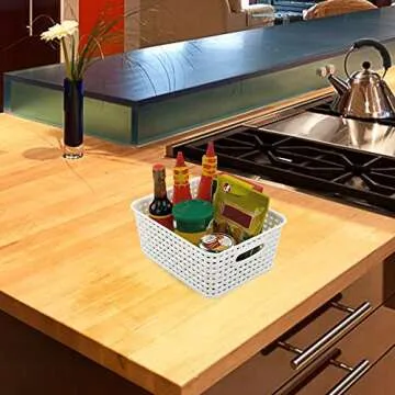 Lesbin Stylish White Plastic Weave Baskets - 4-Pack