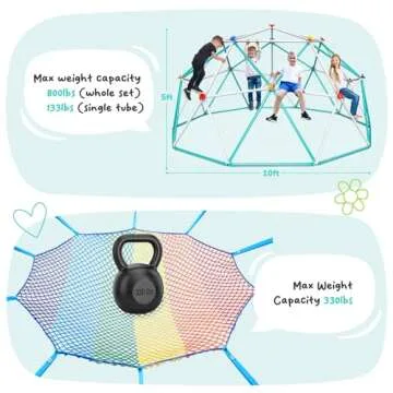 Hapfan Climbing Dome with Climbing Cargo Net, 10 ft Dome Jungle Gym with Hammock for Kids Outdoor Playset Monkey Bars Backyard