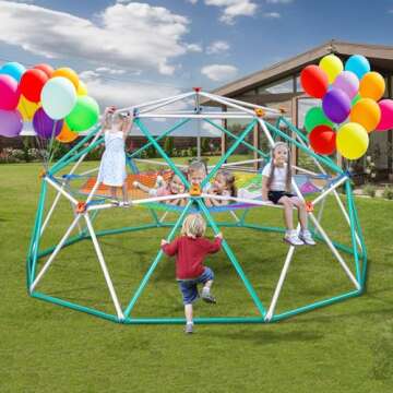 Hapfan Climbing Dome with Climbing Cargo Net, 10 ft Dome Jungle Gym with Hammock for Kids Outdoor Playset Monkey Bars Backyard