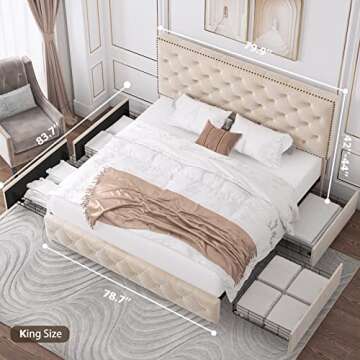 King Bed Frame with Storage and Adjustable Headboard, Bed Frame with 4 Drawers and Wooden Slats Supp...
