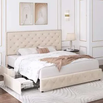 King Bed Frame with Storage and Adjustable Headboard, Bed Frame with 4 Drawers and Wooden Slats Support, No Box Spring Needed (Velvet Beige, King (U.S. Standard))