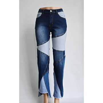 Yimulli Women Straight Leg High Waist Patch Jeans Pants Stretchy Y2K Boyfriend Blue US 16