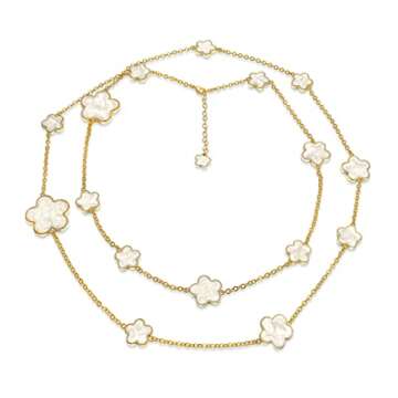 Fashion Station Tin Cup Cream Off White Clover Flower Long Gold Plated Wrap Layering Necklace For Wo...