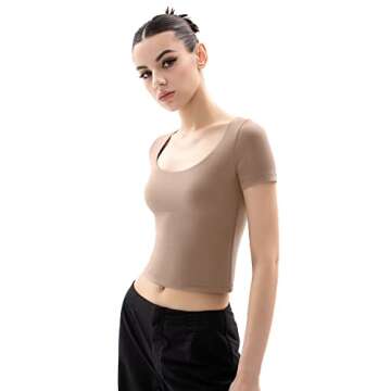 PUMIEY T Shirt for Women Short Sleeve Slim Fit Tops Scoop Neck Sexy Tee Women Clothing Latte X-Large