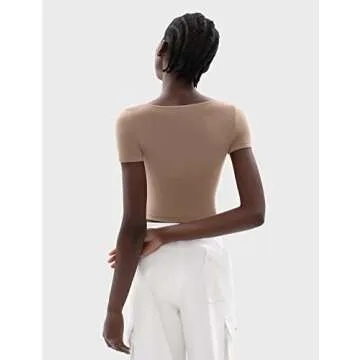 PUMIEY T Shirt for Women Short Sleeve Slim Fit Tops Scoop Neck Sexy Tee Women Clothing Latte X-Large