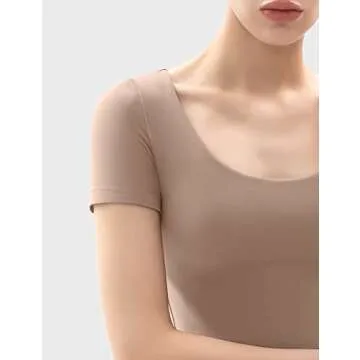 PUMIEY T Shirt for Women Short Sleeve Slim Fit Tops Scoop Neck Sexy Tee Women Clothing Latte X-Large