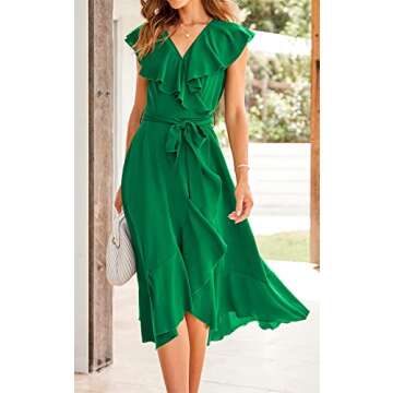 PRETTYGARDEN Wrap V Neck Ruffle Wedding Guest Dresses for Women 2025 Sleeveless Flowy Summer Dress Split Satin Midi Dress (Green,Large)