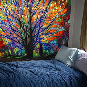 BLEUM CADE Colorful Tree Tapestry Wall Hanging Psychedelic Forest with Birds Wall Tapestry Bohemian Mandala Hippie Tapestry for Bedroom Living Room Dorm