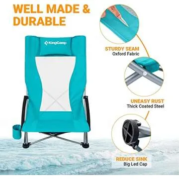 KingCamp Folding Backpack Beach Chair 2 Pack, Sturdy & Lightweight High Back Camping Chair with Headrest, Cup Holder, Seatback Pocket, for Outdoor Sand