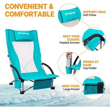 KingCamp Folding Backpack Beach Chair 2 Pack, Sturdy & Lightweight High Back Camping Chair with Headrest, Cup Holder, Seatback Pocket, for Outdoor Sand
