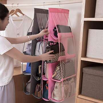 AARAINBOW 2 Packs Hanging Handbag Purse Organizer, Purse Bag Organizer 8 Pockets Handbag Storage, Hanging Bag Organizer for Closet Rack for Purses, Wardrobe Closet Space Saving, 41L*13.5W (B, 2 Pink)