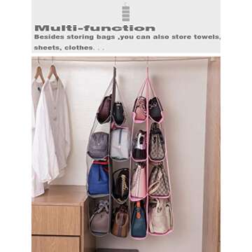 AARAINBOW 2 Packs Hanging Handbag Purse Organizer, Purse Bag Organizer 8 Pockets Handbag Storage, Hanging Bag Organizer for Closet Rack for Purses, Wardrobe Closet Space Saving, 41L*13.5W (B, 2 Pink)