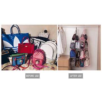 AARAINBOW 2 Packs Hanging Handbag Purse Organizer, Purse Bag Organizer 8 Pockets Handbag Storage, Hanging Bag Organizer for Closet Rack for Purses, Wardrobe Closet Space Saving, 41L*13.5W (B, 2 Pink)