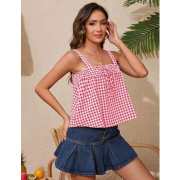 Anoumcy Cotton Gingham Tie Front Tank Tops for Women Girls Cute Plaid Tank Tops Casual Summer Y2K Going Out Top Red S