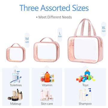 PACKISM Clear Toiletry Bags, 3 Pack Clear Makeup Bags with Handle Large Opening, Waterproof Clear Cosmetic Bags Fit Carry-on Travel Essentials, Travel Accessories Clear Travel Bags, Pink