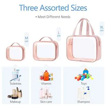 PACKISM Clear Toiletry Bags, 3 Pack Clear Makeup Bags with Handle Large Opening, Waterproof Clear Cosmetic Bags Fit Carry-on Travel Essentials, Travel Accessories Clear Travel Bags, Pink