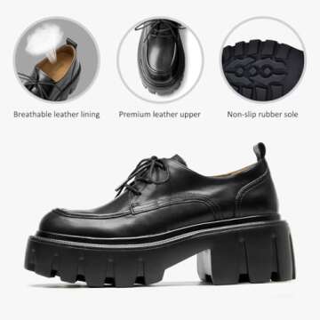 BEAU TODAY Platform Oxfords for Women, Oxford Shoes for Women, Chunky Leather Lace Up Oxford Shoes, Casual Comfort Business Work Office Dress Shoes Black Size 7