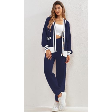 ETCYY NEW Women's 2 Piece Outfit Lounge Set Trendy Cardigan Sweater Pants Sets V Neck Button Pocket Knit Matching Loungewear