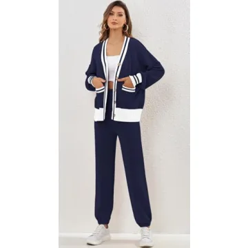 ETCYY NEW Women's 2 Piece Outfit Lounge Set Trendy Cardigan Sweater Pants Sets V Neck Button Pocket Knit Matching Loungewear