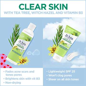 St. Ives Clear Skin Lotion - 3-in-1 SPF 25 Face Moisturizer for Acne Prone, Oily, or Combo Skin, Lightweight Sheer Daily Face Lotion with Tea Tree Extract & Witch Hazel, 3 Fl Oz