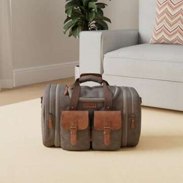 Wildroad 50L Travel Duffel Bag, Expandable Canvas Genuine Leather Duffle Bag Upgraded Overnight Week...