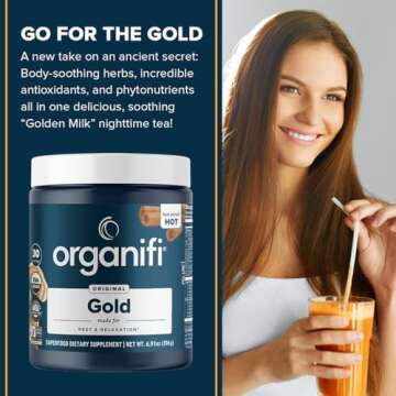 Organifi: Gold - Superfood Supplement Powder - 30 Servings - Stress Support, Better Rest, Relaxation and Promotes Restful Sleep - Turmeric and Reishi Infused