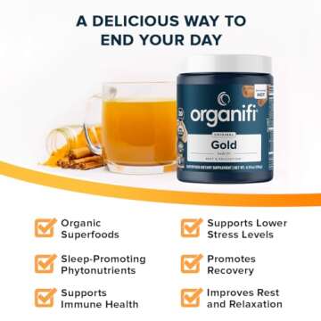 Organifi: Gold - Superfood Supplement Powder - 30 Servings - Stress Support, Better Rest, Relaxation and Promotes Restful Sleep - Turmeric and Reishi Infused