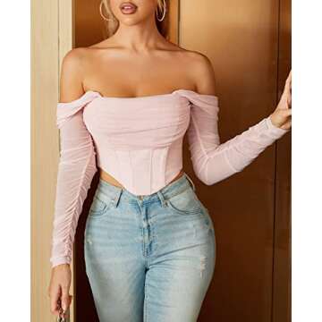 Mesh Sheer Long Sleeve Corset Crop top Ruched off Shoulder Blouse Push Up Party Boned Bustier for Cute Women Trendy