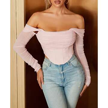 Mesh Sheer Long Sleeve Corset Crop top Ruched off Shoulder Blouse Push Up Party Boned Bustier for Cute Women Trendy