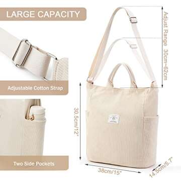 KALIDI Corduroy Tote Bag, Large Messenger Bag Shoulder Hobo Anti Splash Crossbody Zipper Bag Casual Work Shopping Women Beige