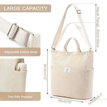 KALIDI Corduroy Tote Bag, Large Messenger Bag Shoulder Hobo Anti Splash Crossbody Zipper Bag Casual Work Shopping Women Beige