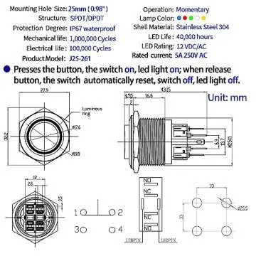 25MM Momentary Push Button Switch High Round Head 2NO2NC DPDT SPDT Stainless Steel Shell with 12V LED Angel Eye Ring Suitable for 0.98" Mounting Hole with Wire (Red, High Head)
