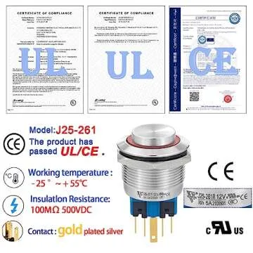 25MM Momentary Push Button Switch High Round Head 2NO2NC DPDT SPDT Stainless Steel Shell with 12V LED Angel Eye Ring Suitable for 0.98" Mounting Hole with Wire (Red, High Head)
