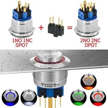 25MM Momentary Push Button Switch High Round Head 2NO2NC DPDT SPDT Stainless Steel Shell with 12V LED Angel Eye Ring Suitable for 0.98" Mounting Hole with Wire (Red, High Head)