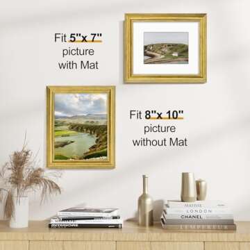 Vittanly 8x10 Picture Frames Set of 2, Ornate Vintage Photo Frame for Wall or Tabletop, Display 5x7 Pictures with Mat or 8x10 without Mat, Rustic Gold