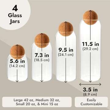 4 Glass Storage Jars with Cork Lids for Organization