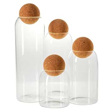 4 Glass Storage Jars with Cork Lids for Organization