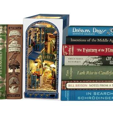 3D Wooden Book Stand Puzzle,DIY Book Nook Kits,Dollhouse Wood Bookends Book Nook Model Building Kit with LED to Build-Creativity Gift for Christmas(Aegean Sea)