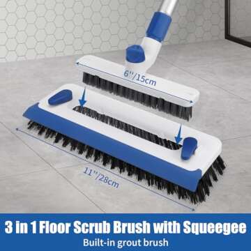 Qaestfy Floor Grout Scrub Brush with Squeegee 3 in 1, 55'' Extendable Long Handle Floor Scrubber Cleaner Brush for Scrubbing Deck, Tile, Garage Floor, Patio, Concrete, Rug, Shower Bathroom