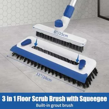 Qaestfy Floor Grout Scrub Brush with Squeegee 3 in 1, 55'' Extendable Long Handle Floor Scrubber Cle...