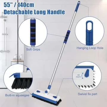 Qaestfy Floor Grout Scrub Brush with Squeegee 3 in 1, 55'' Extendable Long Handle Floor Scrubber Cleaner Brush for Scrubbing Deck, Tile, Garage Floor, Patio, Concrete, Rug, Shower Bathroom