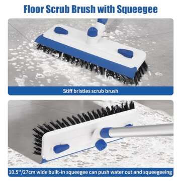 Qaestfy Floor Grout Scrub Brush with Squeegee 3 in 1, 55'' Extendable Long Handle Floor Scrubber Cleaner Brush for Scrubbing Deck, Tile, Garage Floor, Patio, Concrete, Rug, Shower Bathroom