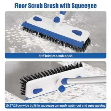 Qaestfy Floor Grout Scrub Brush with Squeegee 3 in 1, 55'' Extendable Long Handle Floor Scrubber Cleaner Brush for Scrubbing Deck, Tile, Garage Floor, Patio, Concrete, Rug, Shower Bathroom