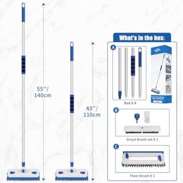 Qaestfy Floor Grout Scrub Brush with Squeegee 3 in 1, 55'' Extendable Long Handle Floor Scrubber Cleaner Brush for Scrubbing Deck, Tile, Garage Floor, Patio, Concrete, Rug, Shower Bathroom
