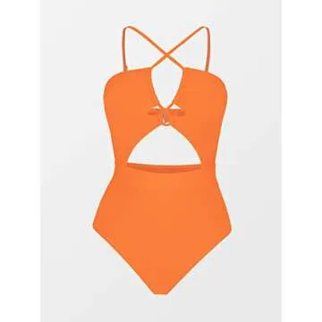 CUPSHE Womens Swimwear One Piece Swimsuit Plunge Neckline Cutout Criss Cross Bathing Suit, Large, Orange