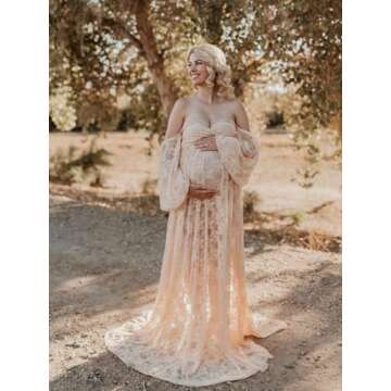 Saslax Lace Off Shoulder Doubly Split A-line Skirt Maternity Dress Soft Stretchy Pregnancy Prop Maxi Gown for Photoshoot Champagne Large