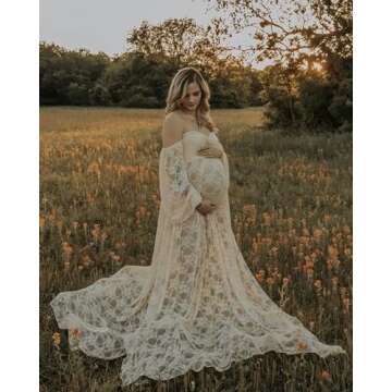 Saslax Lace Off Shoulder Doubly Split A-line Skirt Maternity Dress Soft Stretchy Pregnancy Prop Maxi Gown for Photoshoot Champagne Large