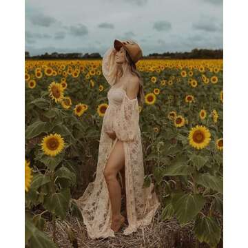 Saslax Lace Off Shoulder Doubly Split A-line Skirt Maternity Dress Soft Stretchy Pregnancy Prop Maxi Gown for Photoshoot Champagne Large