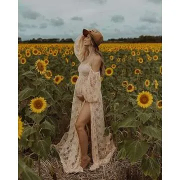 Saslax Lace Off Shoulder Doubly Split A-line Skirt Maternity Dress Soft Stretchy Pregnancy Prop Maxi Gown for Photoshoot Champagne Large